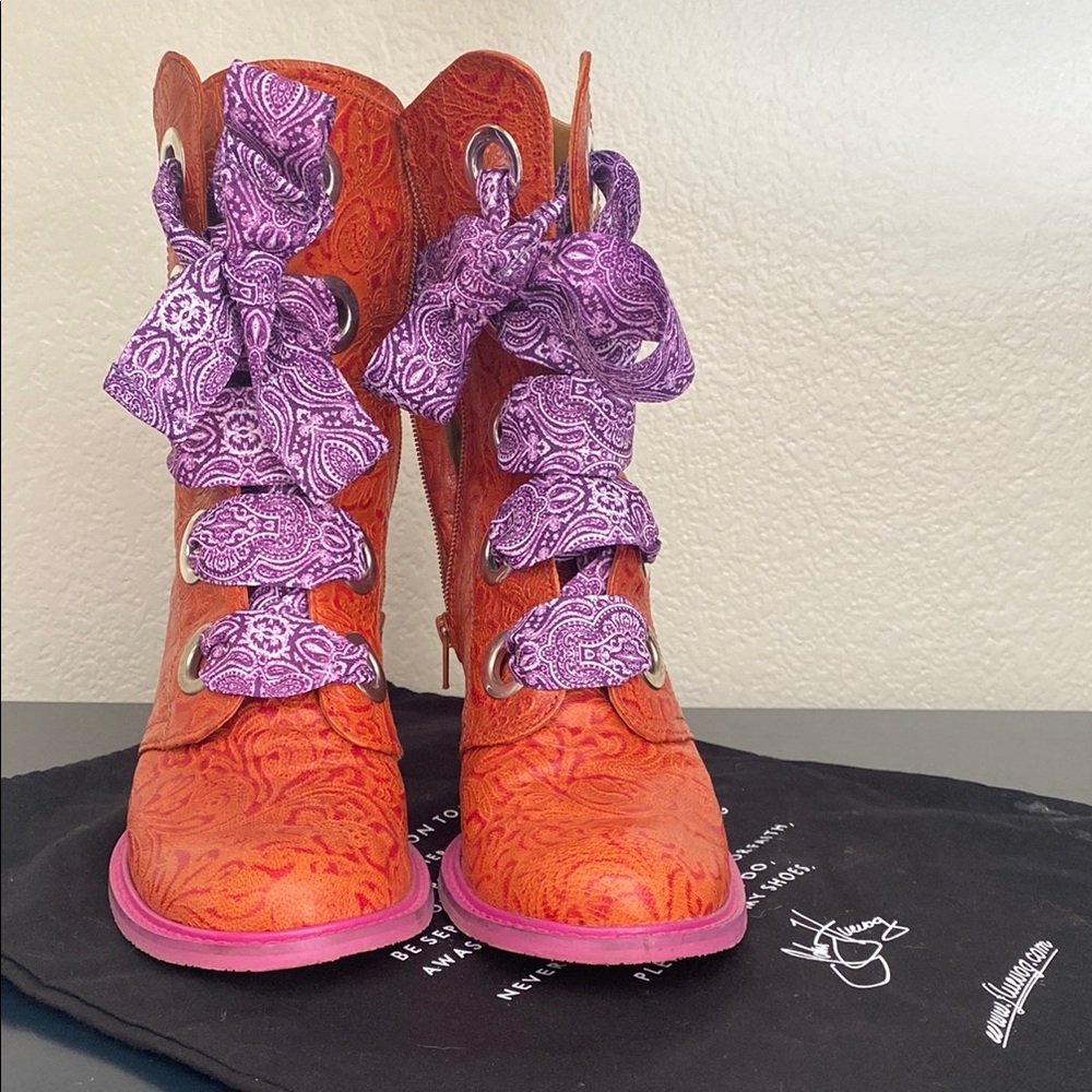 John Fluevog Orange Boots with Purple Laces